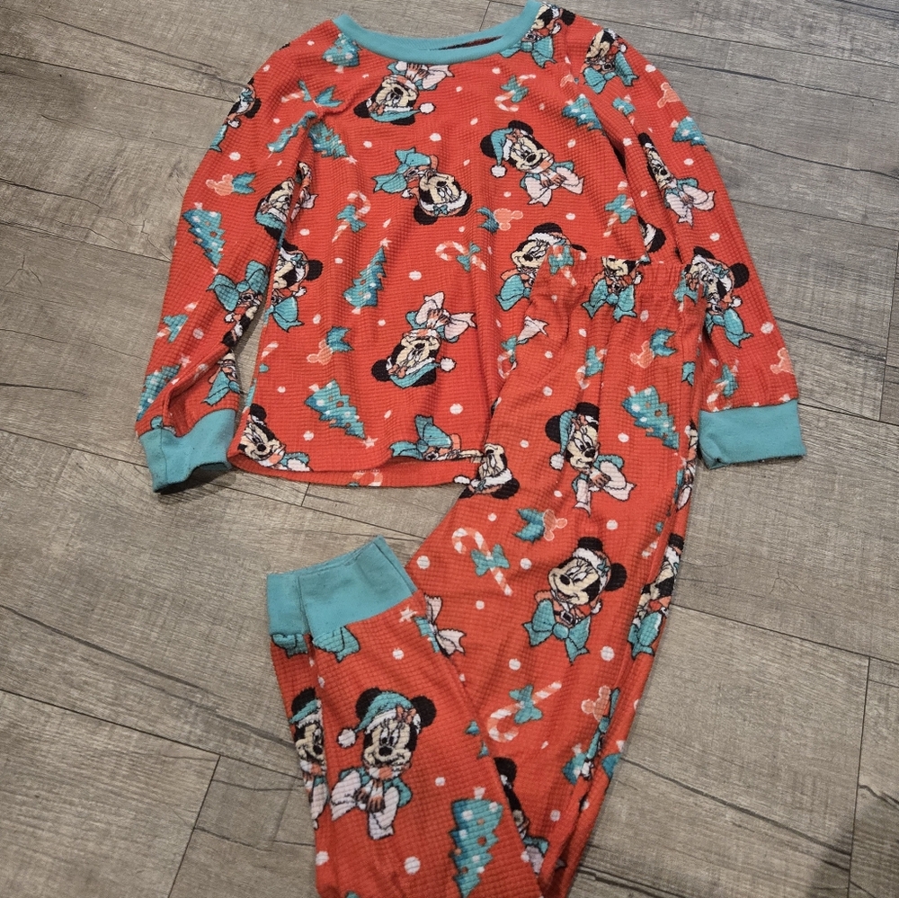Disney Minnie Mouse Waffle Knit Pajama Set Girls Medium 7/8